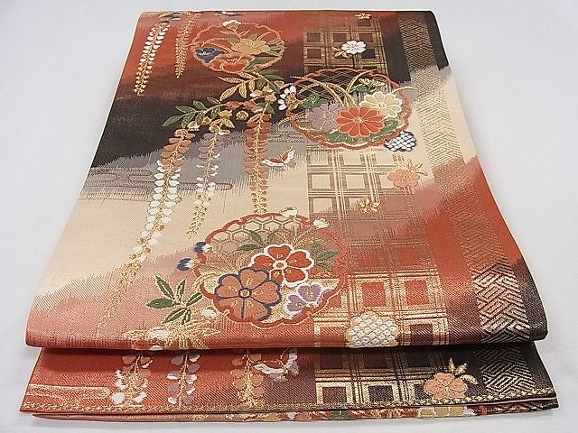 平和屋着物◎六通柄袋帯 唐織 雪輪花蝶文 金糸 逸品 CAAD8818ou