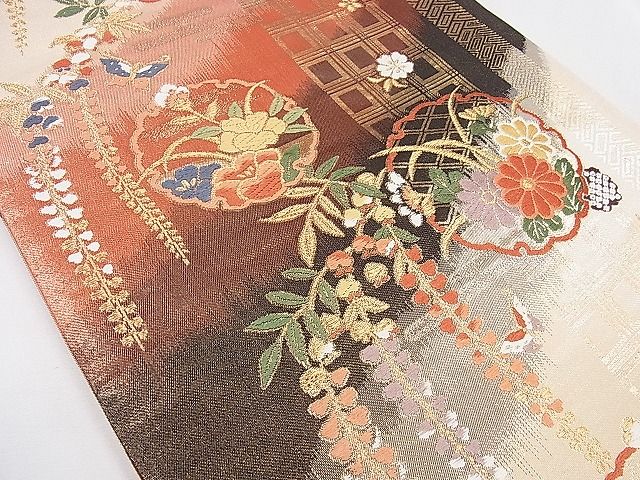 本金箔 袋帯 華飾雪輪文 唐織 上品 六通 U-5215 平和屋着物◎六通柄袋帯 唐織 雪輪花蝶文 金糸 逸品 CAAD8818ou