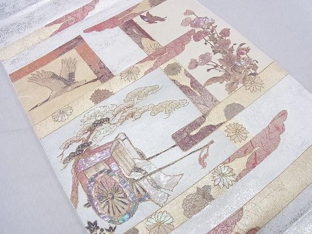 平和屋着物■六通太鼓柄袋帯 螺鈿箔 御所車飛鶴花文 金彩 逸品 CAAD6803hy