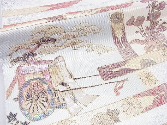 平和屋着物■六通太鼓柄袋帯 螺鈿箔 御所車飛鶴花文 金彩 逸品 CAAD6803hy