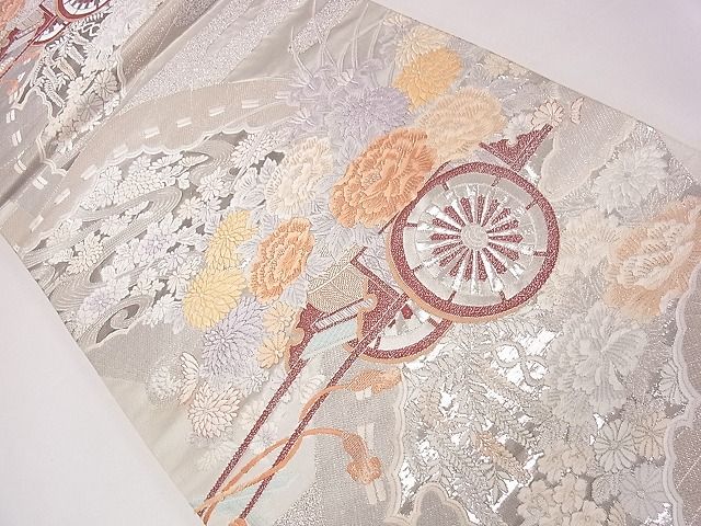 平和屋着物◎六通柄袋帯 唐織 檜扇花車文 銀糸 逸品 CAAD1266eg