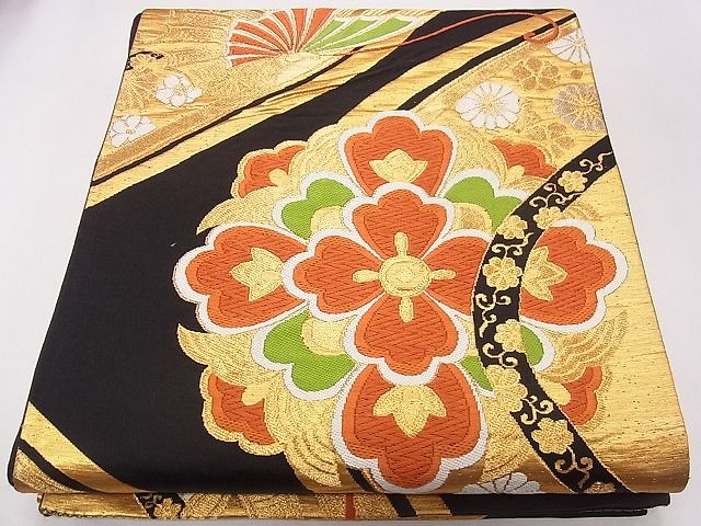 平和屋着物◎六通柄袋帯 唐織 正倉院花蝶文 黒地 金糸 逸品 CAAD1284eg