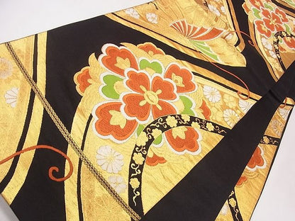 平和屋着物◎六通柄袋帯 唐織 正倉院花蝶文 黒地 金糸 逸品 CAAD1284eg