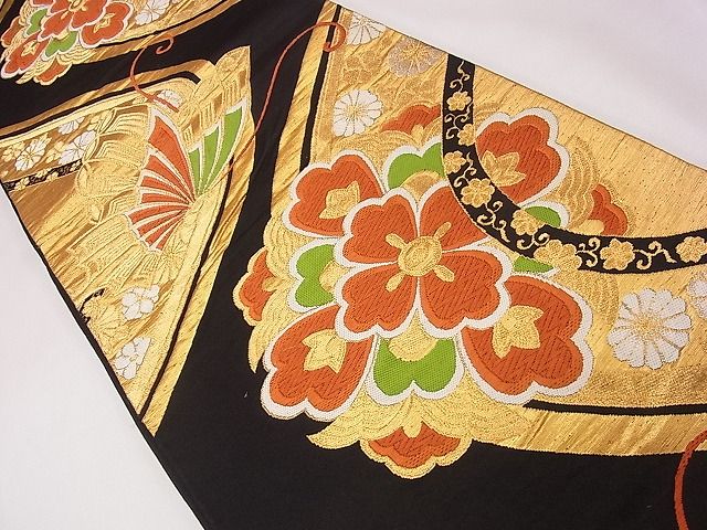 平和屋着物◎六通柄袋帯 唐織 正倉院花蝶文 黒地 金糸 逸品 CAAD1284eg