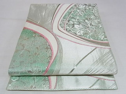 平和屋着物◎六通柄袋帯 草花文 銀糸 正絹 逸品 AAAG9508Apf