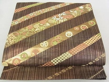 平和屋着物◎六通太鼓柄袋帯 斜線花文 金糸 逸品 DAAD8212cm