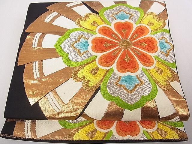 平和屋着物◎六通柄袋帯 唐織 檜扇花文 黒地 金銀糸 逸品 未使用 DAAE0197yyy