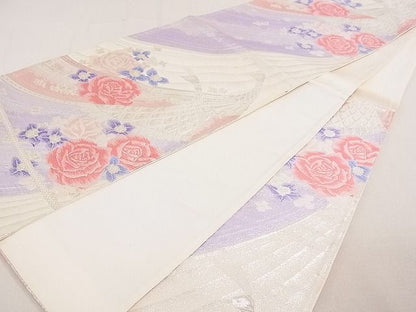 平和屋着物◎六通柄袋帯 唐織 孔雀花文 銀糸 逸品 DAAE0234yyy