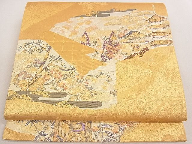 平和屋着物◎六通柄袋帯 風景御所車花文 金糸 逸品 DAAE0247yyy