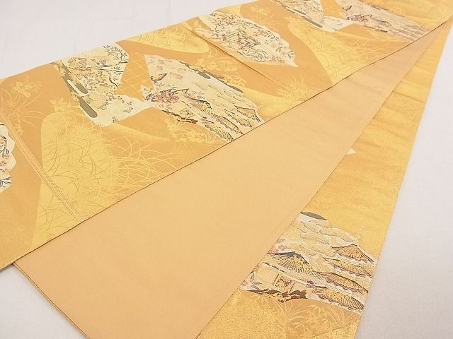 平和屋着物◎六通柄袋帯 風景御所車花文 金糸 逸品 DAAE0247yyy