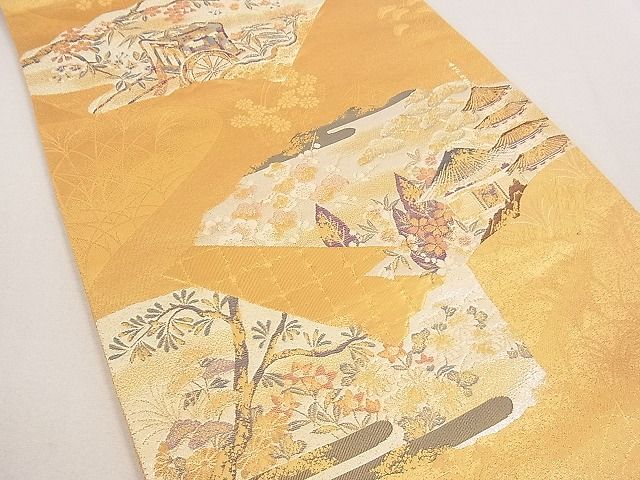 平和屋着物◎六通柄袋帯 風景御所車花文 金糸 逸品 DAAE0247yyy