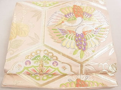 平和屋着物◎六通柄袋帯 唐織 亀甲双鶴花文 金銀糸 逸品 DAAE0267yyy