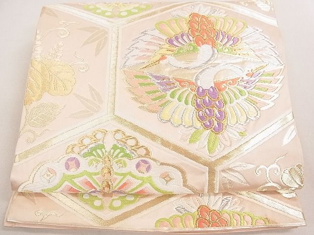 平和屋着物◎六通柄袋帯 唐織 亀甲双鶴花文 金銀糸 逸品 DAAE0267yyy