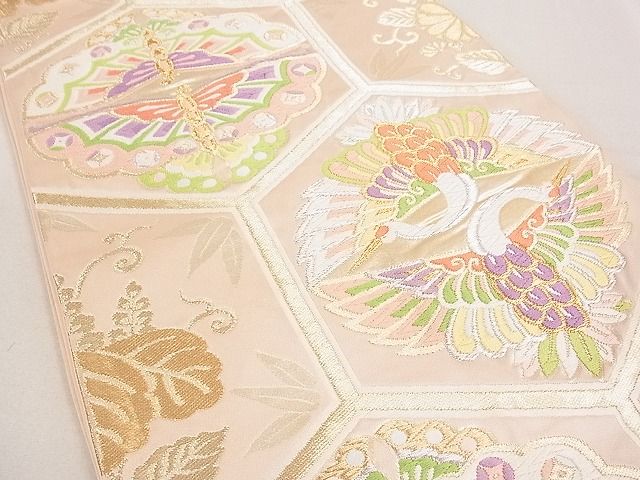 平和屋着物◎六通柄袋帯 唐織 亀甲双鶴花文 金銀糸 逸品 DAAE0267yyy