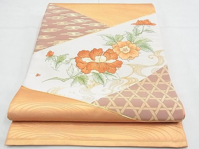 平和屋着物◎太鼓柄袋帯 駒刺繍 流水牡丹文 金彩 逸品 BAAE5484ns