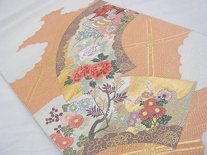 平和屋着物◎太鼓柄袋帯 唐織 綴れ 菱天井地紙御所車花文 金銀糸 逸品 BAAE6236ph