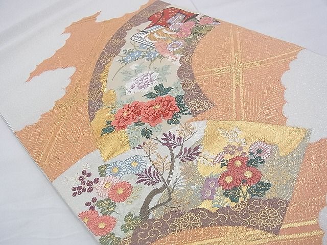 平和屋着物◎太鼓柄袋帯 唐織 綴れ 菱天井地紙御所車花文 金銀糸 逸品 BAAE6236ph