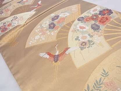 平和屋着物◎六通柄袋帯 唐織 扇面飛鶴花文 金糸 逸品 BAAE6251ph