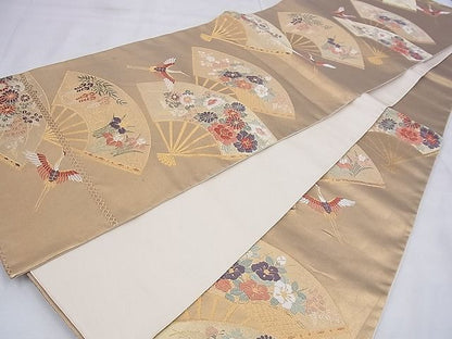 平和屋着物◎六通柄袋帯 唐織 扇面飛鶴花文 金糸 逸品 BAAE6251ph