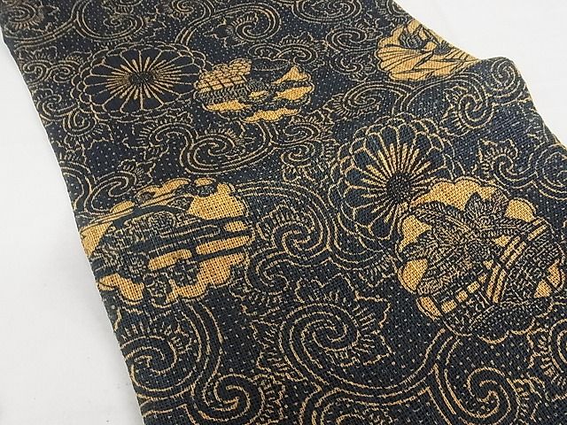 平和屋本店■極上　夏物　古代原始布　科布　八寸名古屋帯　型染め　藍　花唐草文　逸品　KAAA10532kk4