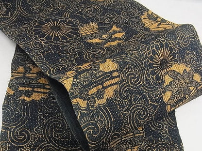 平和屋本店■極上　夏物　古代原始布　科布　八寸名古屋帯　型染め　藍　花唐草文　逸品　KAAA10532kk4