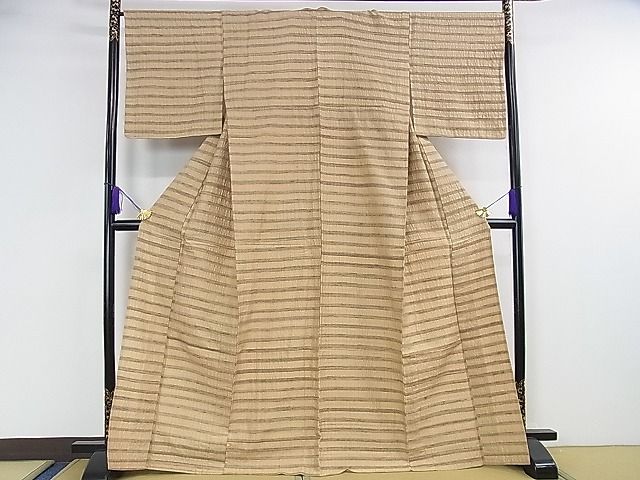 平和屋本店▽極上　インド・アッサム　野蚕糸　手織　ムガシルク　単衣　横縞　やまと金ラベル　逸品　DZAA0817kh4