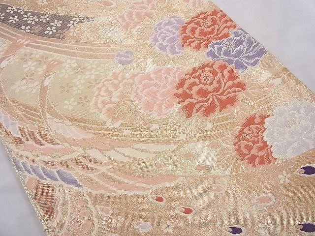 平和屋着物◎佐賀錦 六通柄袋帯 唐織 孔雀牡丹文 金糸 逸品 BAAE5050cm