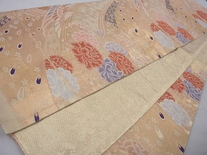 平和屋着物◎佐賀錦 六通柄袋帯 唐織 孔雀牡丹文 金糸 逸品 BAAE5050cm