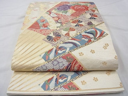 平和屋着物◎六通柄袋帯 唐織 扇面吉祥花文 金糸 逸品 BAAE5070cm