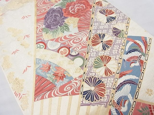 平和屋着物◎六通柄袋帯 唐織 扇面吉祥花文 金糸 逸品 BAAE5070cm
