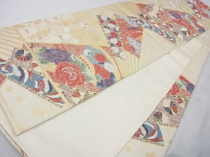 平和屋着物◎六通柄袋帯 唐織 扇面吉祥花文 金糸 逸品 BAAE5070cm