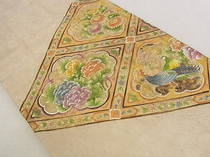 平和屋着物■太鼓柄袋帯 作家物 手描き 花鳥菱文 金彩 正絹 逸品 AAAG1347Aaz