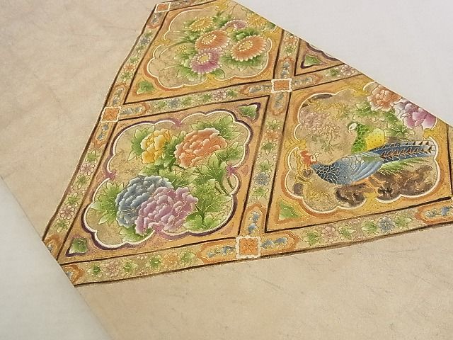 平和屋着物■太鼓柄袋帯 作家物 手描き 花鳥菱文 金彩 正絹 逸品 AAAG1347Aaz