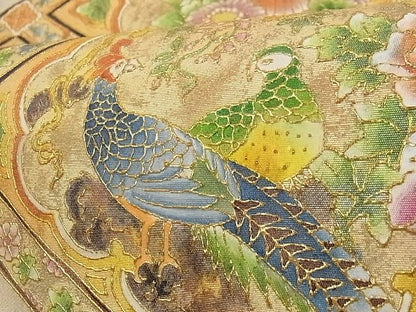平和屋着物■太鼓柄袋帯 作家物 手描き 花鳥菱文 金彩 正絹 逸品 AAAG1347Aaz