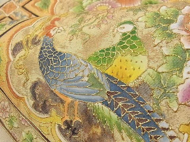 平和屋着物■太鼓柄袋帯 作家物 手描き 花鳥菱文 金彩 正絹 逸品 AAAG1347Aaz