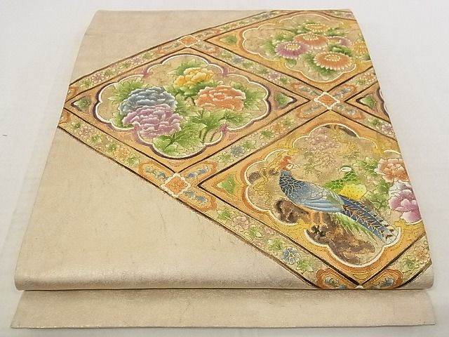 平和屋着物■太鼓柄袋帯 作家物 手描き 花鳥菱文 金彩 正絹 逸品 AAAG1347Aaz