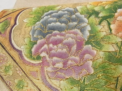 平和屋着物■太鼓柄袋帯 作家物 手描き 花鳥菱文 金彩 正絹 逸品 AAAG1347Aaz