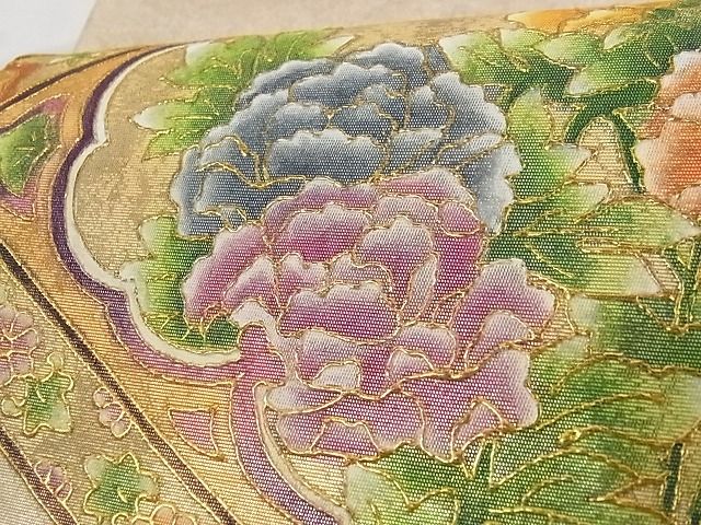 平和屋着物■太鼓柄袋帯 作家物 手描き 花鳥菱文 金彩 正絹 逸品 AAAG1347Aaz