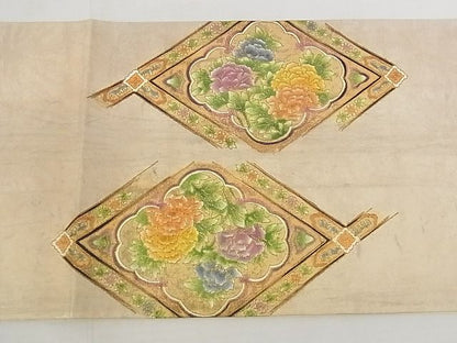 平和屋着物■太鼓柄袋帯 作家物 手描き 花鳥菱文 金彩 正絹 逸品 AAAG1347Aaz