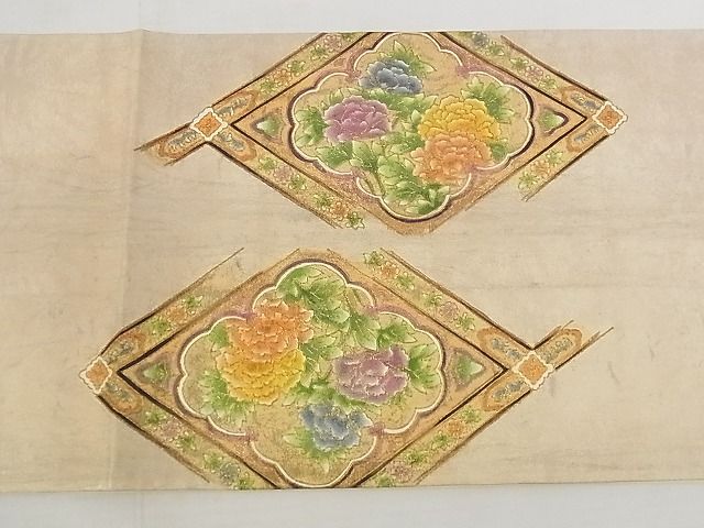平和屋着物■太鼓柄袋帯 作家物 手描き 花鳥菱文 金彩 正絹 逸品 AAAG1347Aaz