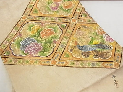 平和屋着物■太鼓柄袋帯 作家物 手描き 花鳥菱文 金彩 正絹 逸品 AAAG1347Aaz