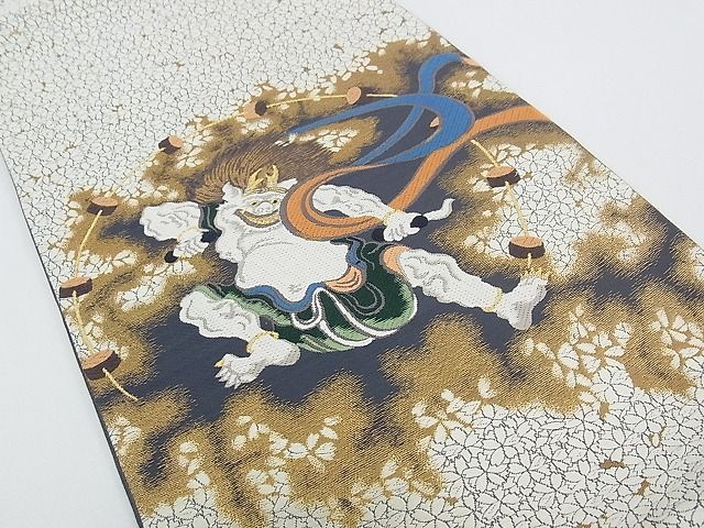 平和屋本店■極上　山口静樹　山口美術織物　六通太鼓柄袋帯　唐織錦　雷神文　金糸　共箱・冊子付　逸品　CZAA0290s4