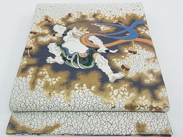 平和屋本店■極上　山口静樹　山口美術織物　六通太鼓柄袋帯　唐織錦　雷神文　金糸　共箱・冊子付　逸品　CZAA0290s4