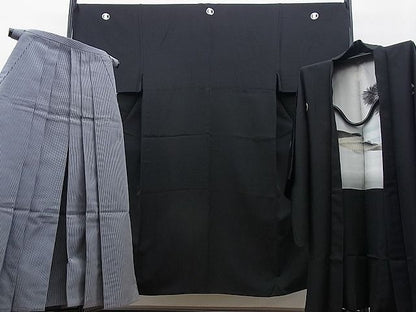 平和屋本店■極上　男性　黒紋付　羽織　行灯袴　3点セット　縞　逸品　BAAF0422zb4
