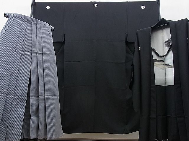 平和屋本店■極上　男性　黒紋付　羽織　行灯袴　3点セット　縞　逸品　BAAF0422zb4