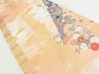 平和屋着物◎六通柄袋帯 格子取花扇文 金糸 逸品 DAAE8037sa