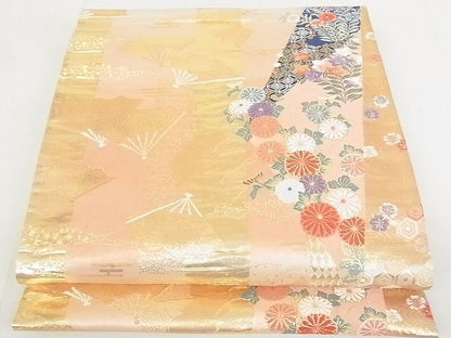 平和屋着物◎六通柄袋帯 格子取花扇文 金糸 逸品 DAAE8037sa