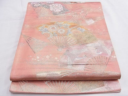 平和屋着物◎六通柄袋帯 唐織 扇面飛鶴草花文 金銀糸 逸品 BAAE9295hz