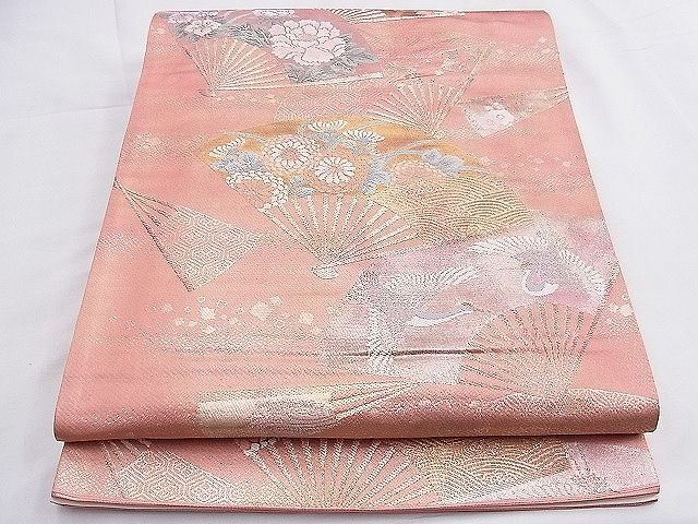 平和屋着物◎六通柄袋帯 唐織 扇面飛鶴草花文 金銀糸 逸品 BAAE9295hz