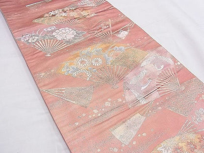 平和屋着物◎六通柄袋帯 唐織 扇面飛鶴草花文 金銀糸 逸品 BAAE9295hz